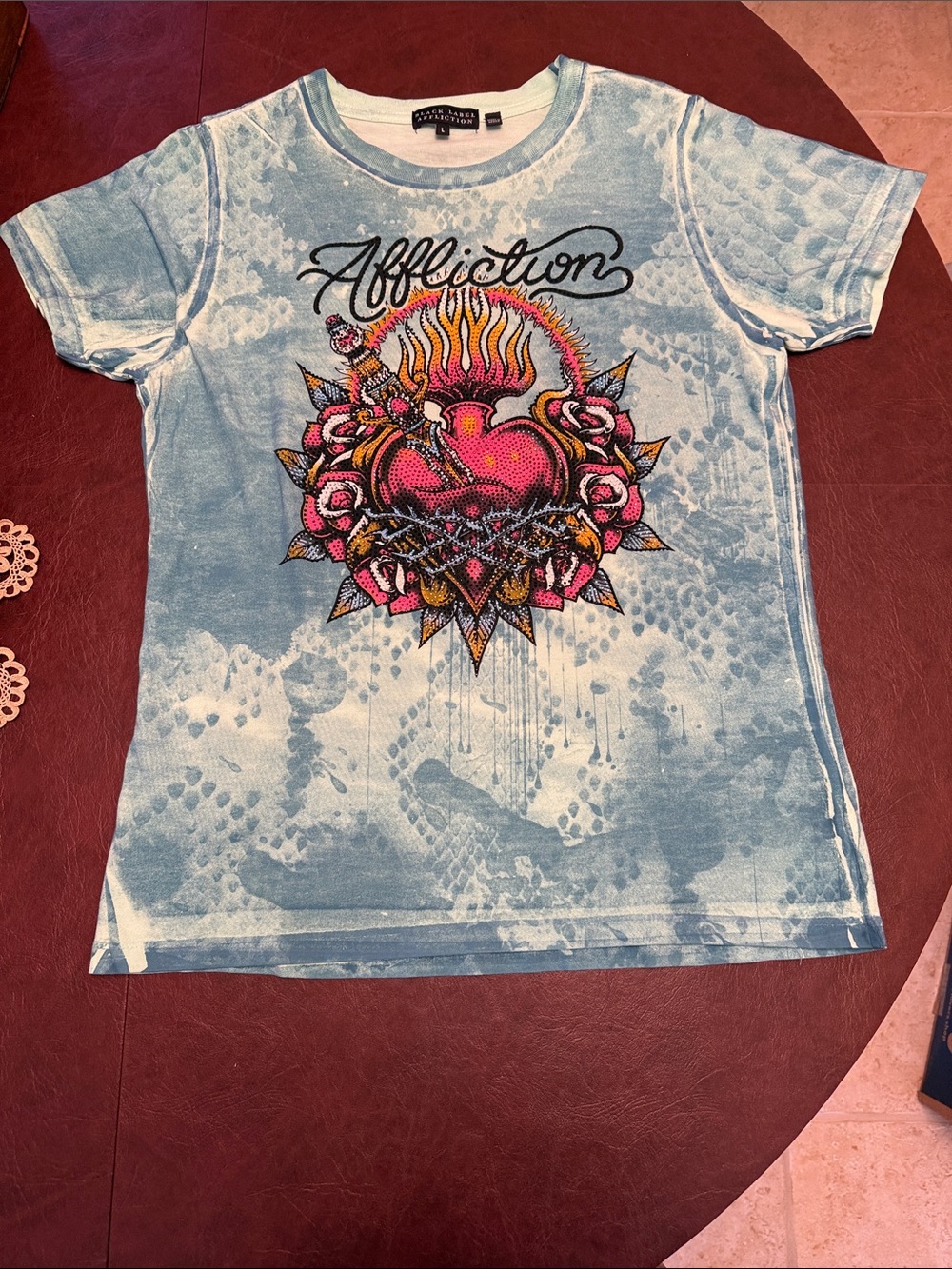 Affliction Light Blue Graphic Tee with Flaming Heart